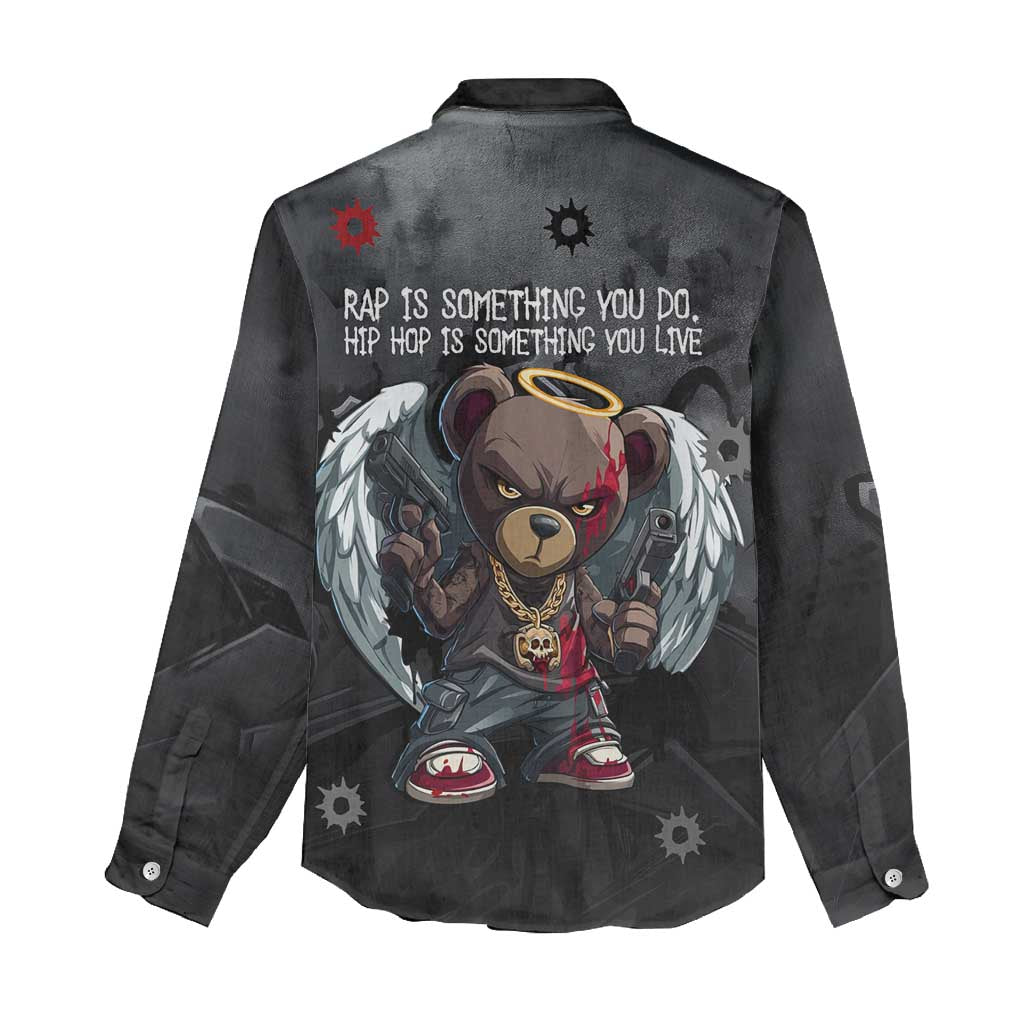 Hip Hop Streetwear Women Casual Shirt with Graffiti Boombox and Angel Bear Graphic in Urban Bullet Hole Design - Wonder Print Shop