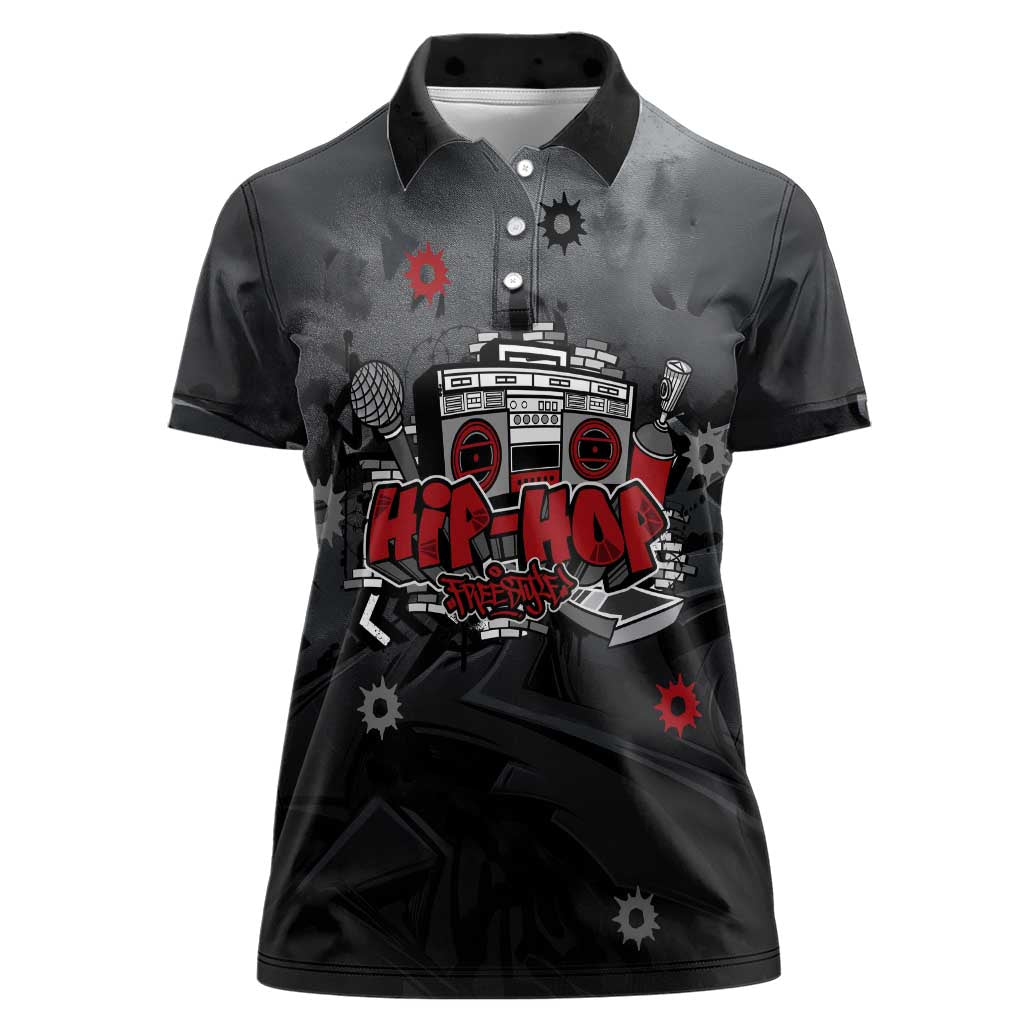 Hip Hop Streetwear Women Polo Shirt with Graffiti Boombox and Angel Bear Graphic in Urban Bullet Hole Design - Wonder Print Shop