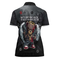 Hip Hop Streetwear Women Polo Shirt with Graffiti Boombox and Angel Bear Graphic in Urban Bullet Hole Design - Wonder Print Shop