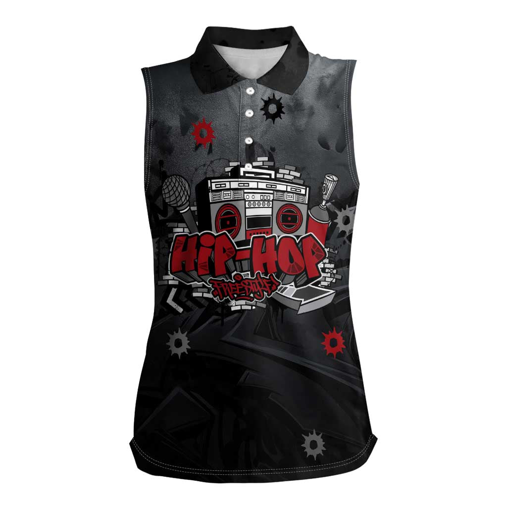 Hip Hop Streetwear Women Sleeveless Polo Shirt with Graffiti Boombox and Angel Bear Graphic in Urban Bullet Hole Design - Wonder Print Shop
