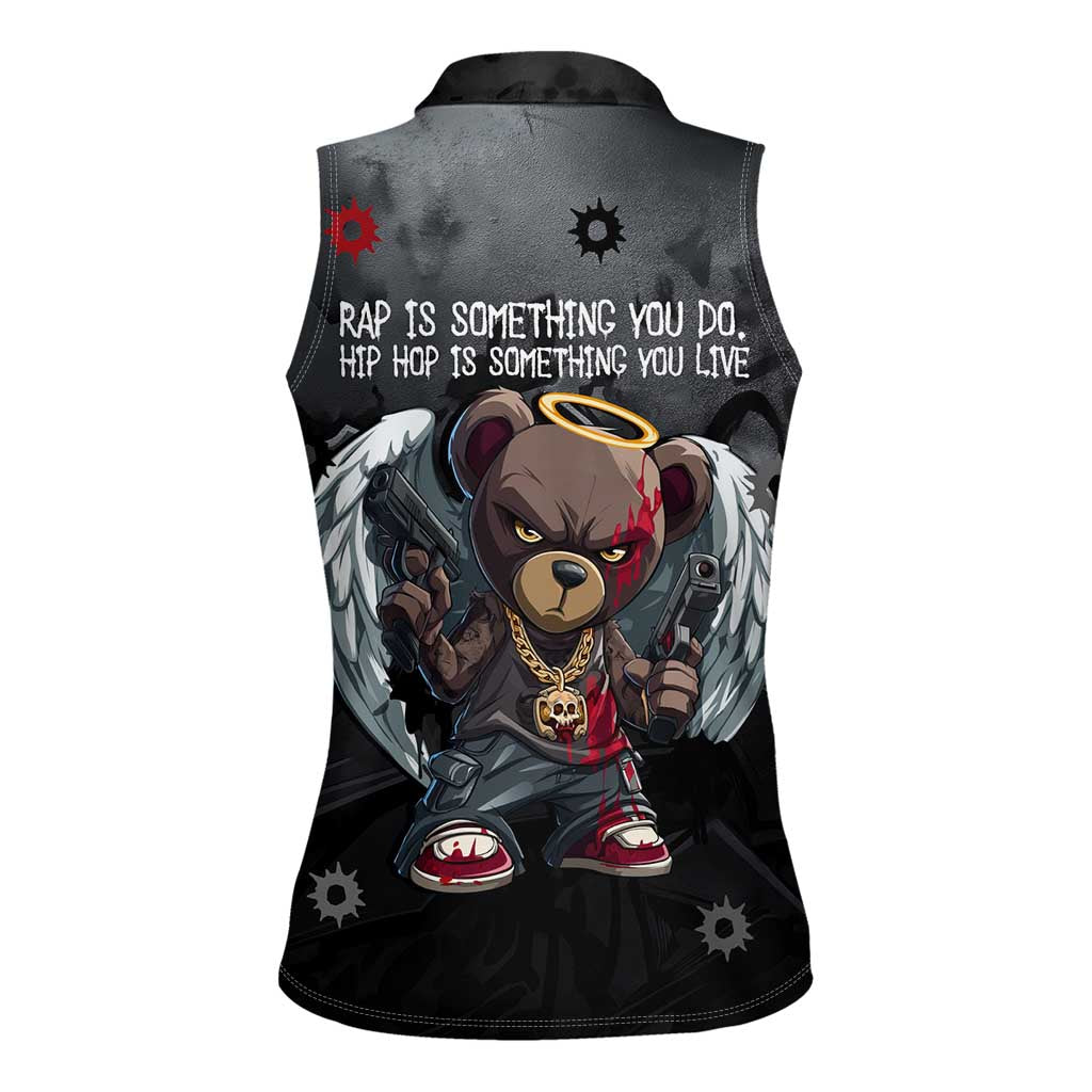 Hip Hop Streetwear Women Sleeveless Polo Shirt with Graffiti Boombox and Angel Bear Graphic in Urban Bullet Hole Design - Wonder Print Shop