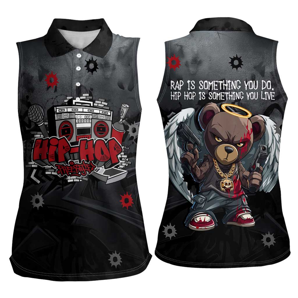 Hip Hop Streetwear Women Sleeveless Polo Shirt with Graffiti Boombox and Angel Bear Graphic in Urban Bullet Hole Design - Wonder Print Shop