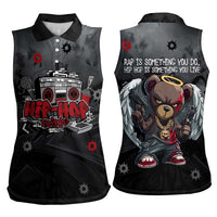 Hip Hop Streetwear Women Sleeveless Polo Shirt with Graffiti Boombox and Angel Bear Graphic in Urban Bullet Hole Design - Wonder Print Shop