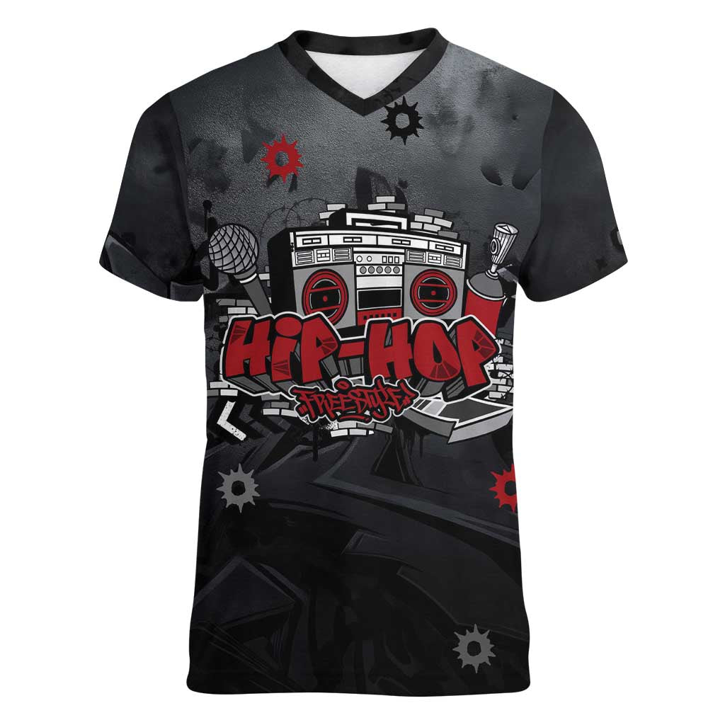 Hip Hop Streetwear Women V-Neck T-Shirt with Graffiti Boombox and Angel Bear Graphic in Urban Bullet Hole Design - Wonder Print Shop