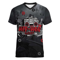 Hip Hop Streetwear Women V-Neck T-Shirt with Graffiti Boombox and Angel Bear Graphic in Urban Bullet Hole Design - Wonder Print Shop