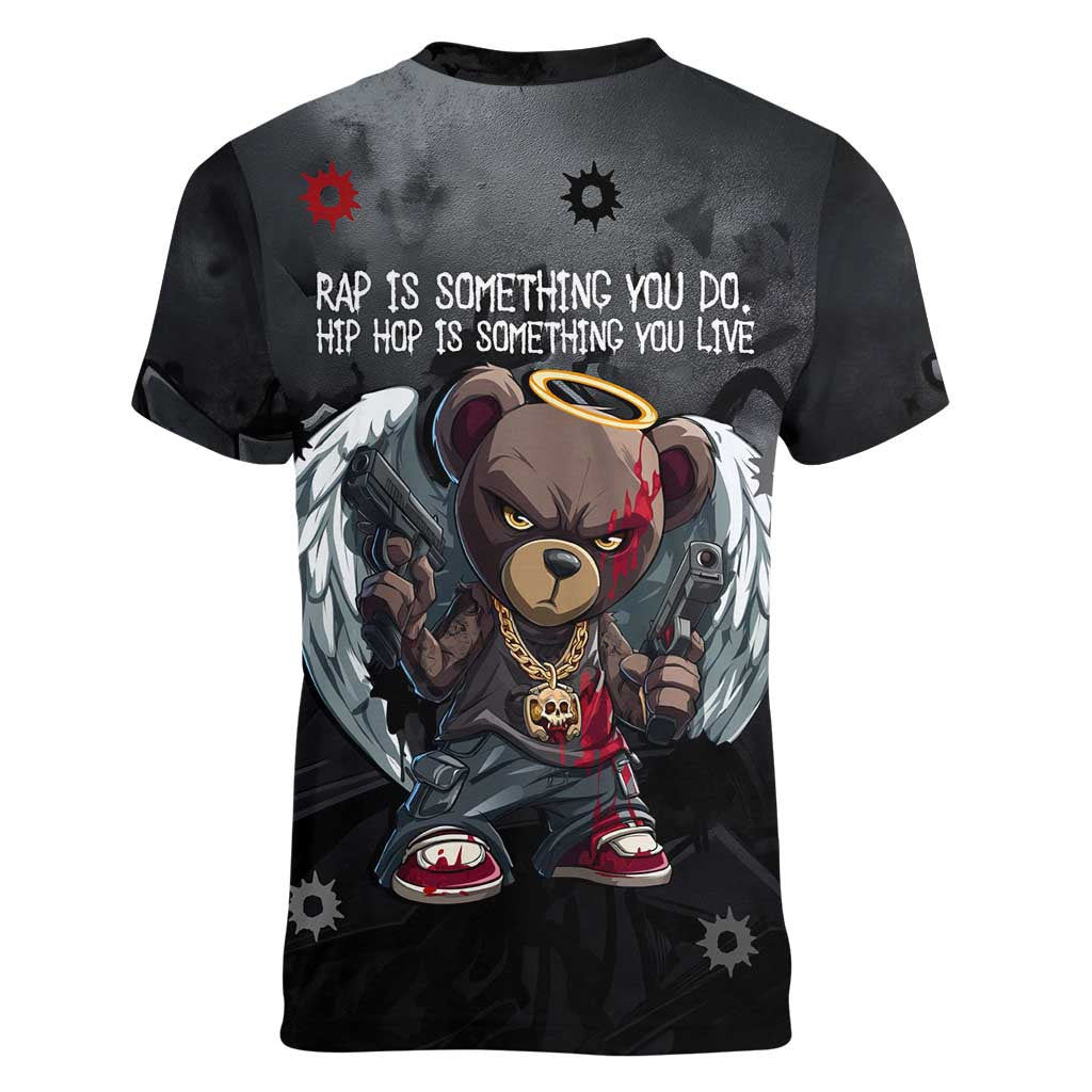 Hip Hop Streetwear Women V-Neck T-Shirt with Graffiti Boombox and Angel Bear Graphic in Urban Bullet Hole Design - Wonder Print Shop