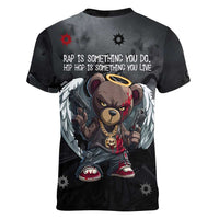 Hip Hop Streetwear Women V-Neck T-Shirt with Graffiti Boombox and Angel Bear Graphic in Urban Bullet Hole Design - Wonder Print Shop