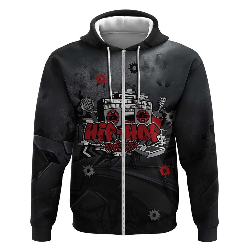 Hip Hop Streetwear Zip Hoodie with Graffiti Boombox and Angel Bear Graphic in Urban Bullet Hole Design - Wonder Print Shop
