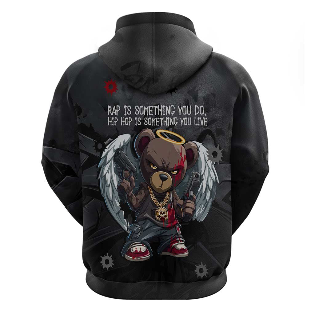 Hip Hop Streetwear Zip Hoodie with Graffiti Boombox and Angel Bear Graphic in Urban Bullet Hole Design - Wonder Print Shop