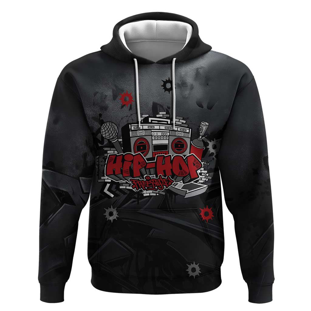 Hip Hop Streetwear Zip Hoodie with Graffiti Boombox and Angel Bear Graphic in Urban Bullet Hole Design - Wonder Print Shop