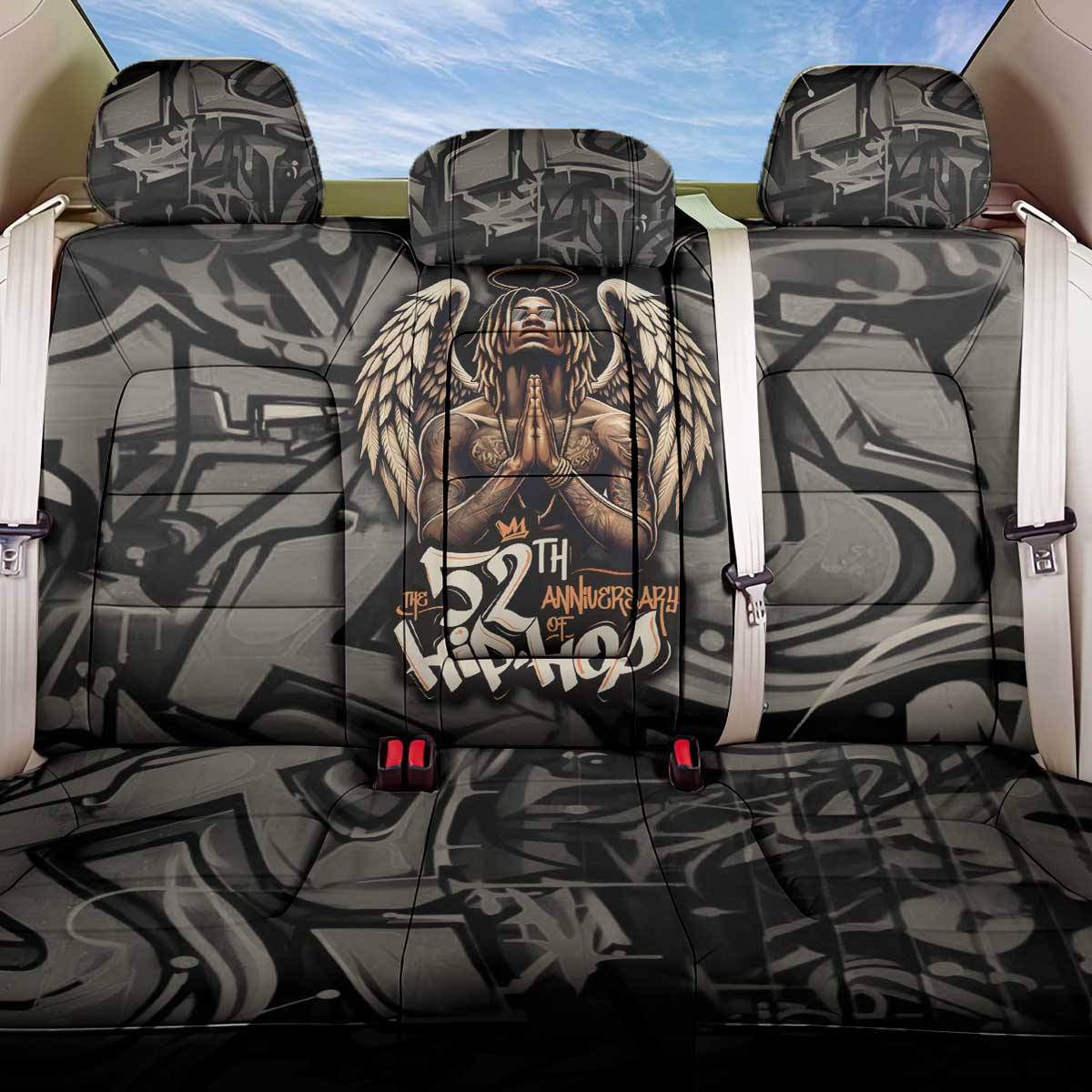 52th Anniversary Of Hiphop Celebration Back Car Seat Cover with Praying Angel Graphic and Urban Graffiti Background - Wonder Print Shop