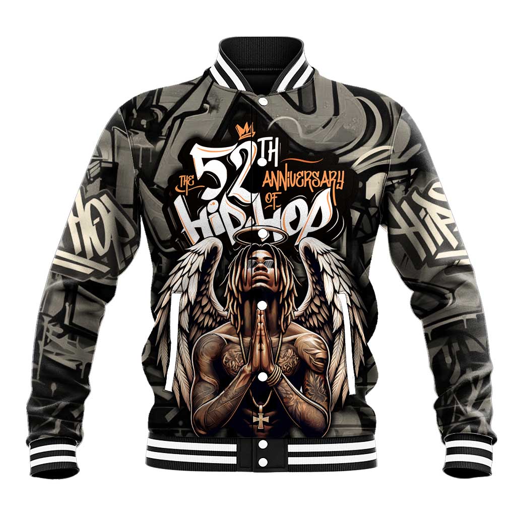52th Anniversary Of Hiphop Celebration Baseball Jacket with Praying Angel Graphic and Urban Graffiti Background - Wonder Print Shop