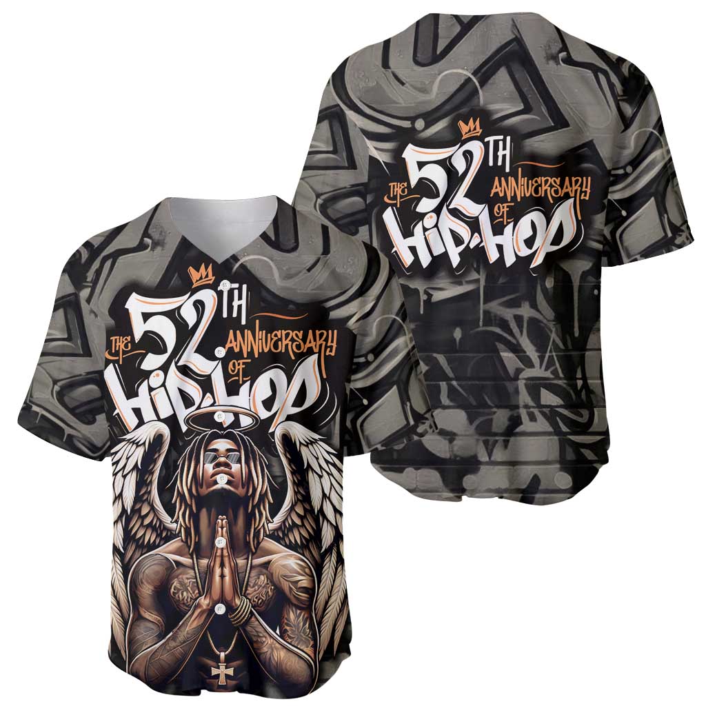 52th Anniversary Of Hiphop Celebration Baseball Jersey with Praying Angel Graphic and Urban Graffiti Background - Wonder Print Shop