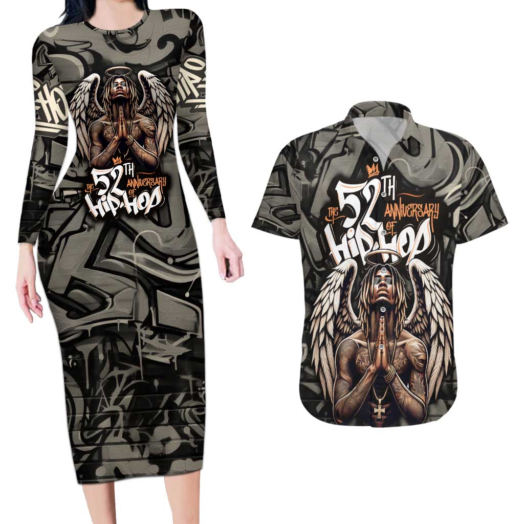 52th Anniversary Of Hiphop Celebration Couples Matching Long Sleeve Bodycon Dress and Hawaiian Shirt with Praying Angel Graphic and Urban Graffiti Background - Wonder Print Shop