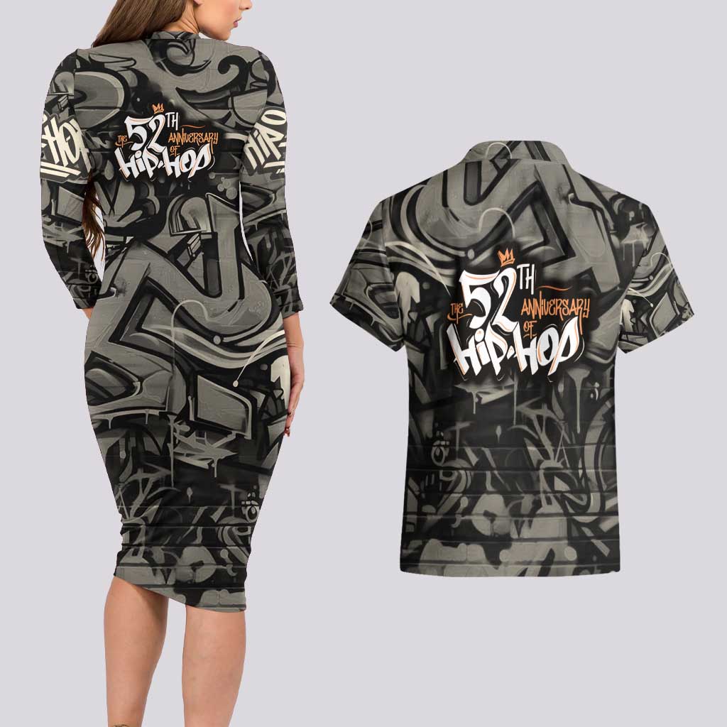 52th Anniversary Of Hiphop Celebration Couples Matching Long Sleeve Bodycon Dress and Hawaiian Shirt with Praying Angel Graphic and Urban Graffiti Background - Wonder Print Shop