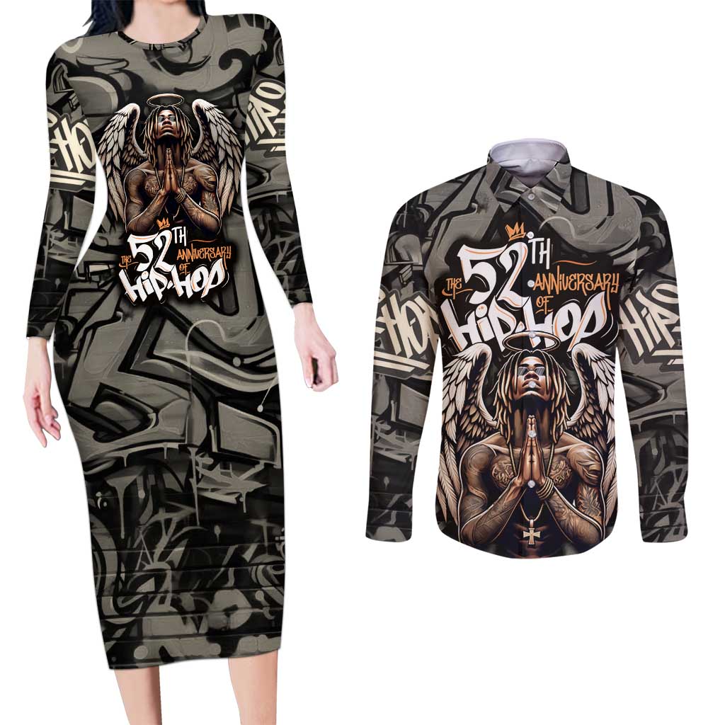52th Anniversary Of Hiphop Celebration Couples Matching Long Sleeve Bodycon Dress and Long Sleeve Button Shirt with Praying Angel Graphic and Urban Graffiti Background - Wonder Print Shop