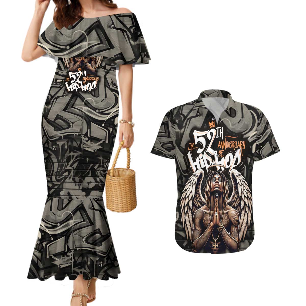 52th Anniversary Of Hiphop Celebration Couples Matching Mermaid Dress and Hawaiian Shirt with Praying Angel Graphic and Urban Graffiti Background - Wonder Print Shop