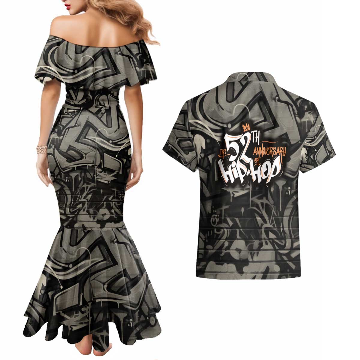 52th Anniversary Of Hiphop Celebration Couples Matching Mermaid Dress and Hawaiian Shirt with Praying Angel Graphic and Urban Graffiti Background - Wonder Print Shop