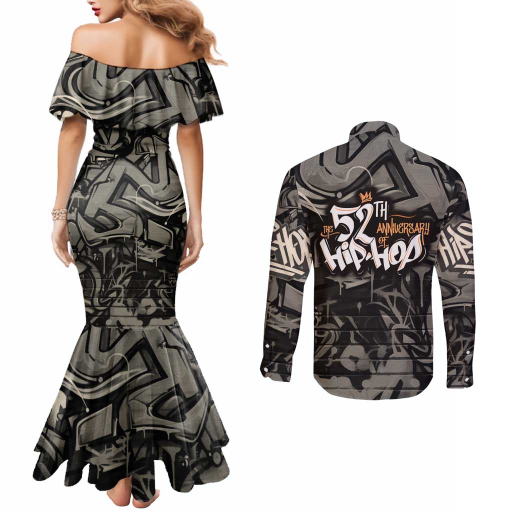 52th Anniversary Of Hiphop Celebration Couples Matching Mermaid Dress and Long Sleeve Button Shirt with Praying Angel Graphic and Urban Graffiti Background - Wonder Print Shop