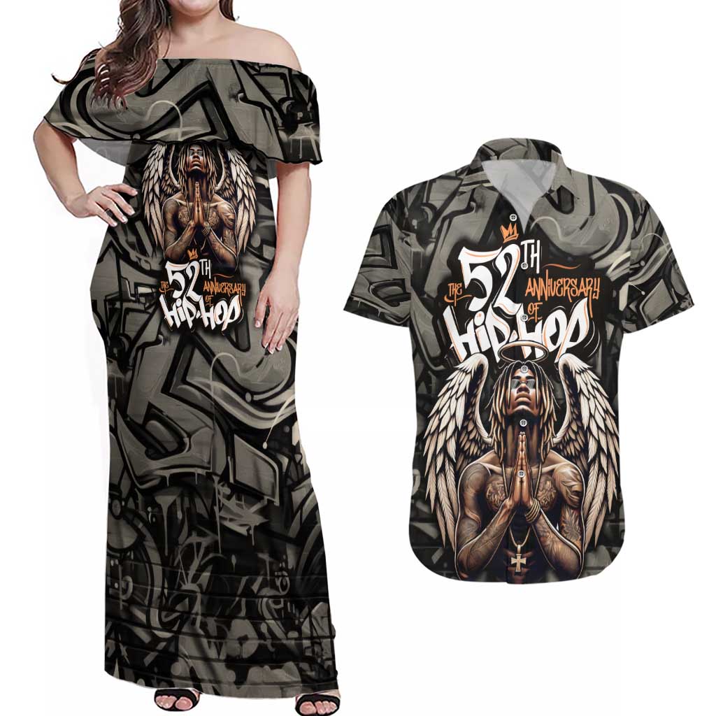52th Anniversary Of Hiphop Celebration Couples Matching Off Shoulder Maxi Dress and Hawaiian Shirt with Praying Angel Graphic and Urban Graffiti Background - Wonder Print Shop