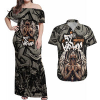52th Anniversary Of Hiphop Celebration Couples Matching Off Shoulder Maxi Dress and Hawaiian Shirt with Praying Angel Graphic and Urban Graffiti Background - Wonder Print Shop