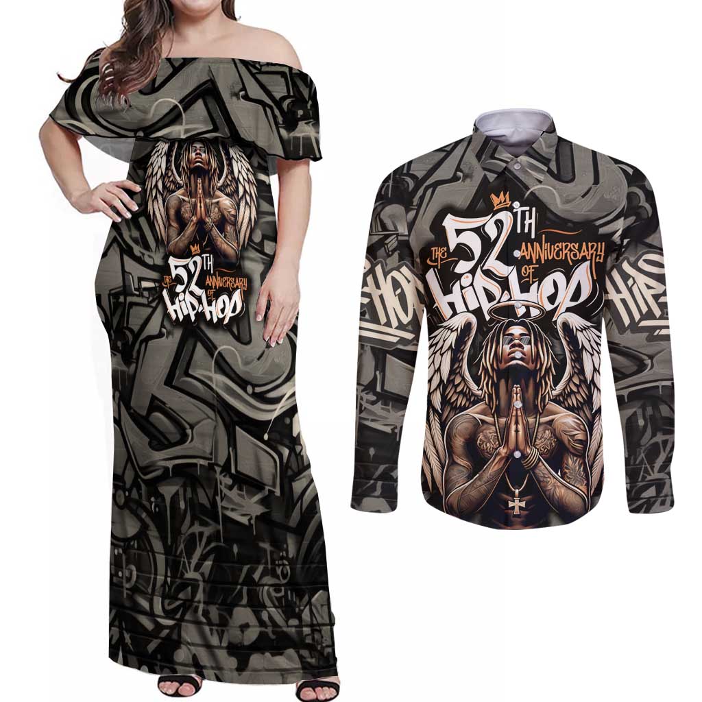 52th Anniversary Of Hiphop Celebration Couples Matching Off Shoulder Maxi Dress and Long Sleeve Button Shirt with Praying Angel Graphic and Urban Graffiti Background - Wonder Print Shop