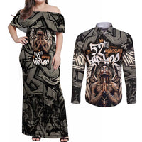 52th Anniversary Of Hiphop Celebration Couples Matching Off Shoulder Maxi Dress and Long Sleeve Button Shirt with Praying Angel Graphic and Urban Graffiti Background - Wonder Print Shop