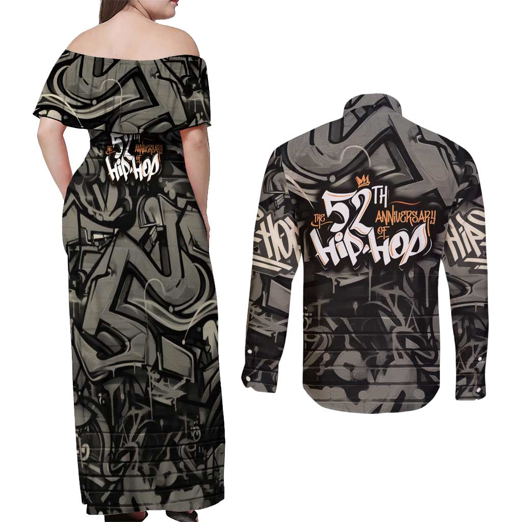 52th Anniversary Of Hiphop Celebration Couples Matching Off Shoulder Maxi Dress and Long Sleeve Button Shirt with Praying Angel Graphic and Urban Graffiti Background - Wonder Print Shop