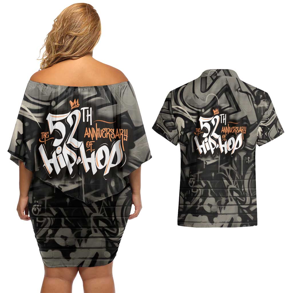 52th Anniversary Of Hiphop Celebration Couples Matching Off Shoulder Short Dress and Hawaiian Shirt with Praying Angel Graphic and Urban Graffiti Background - Wonder Print Shop