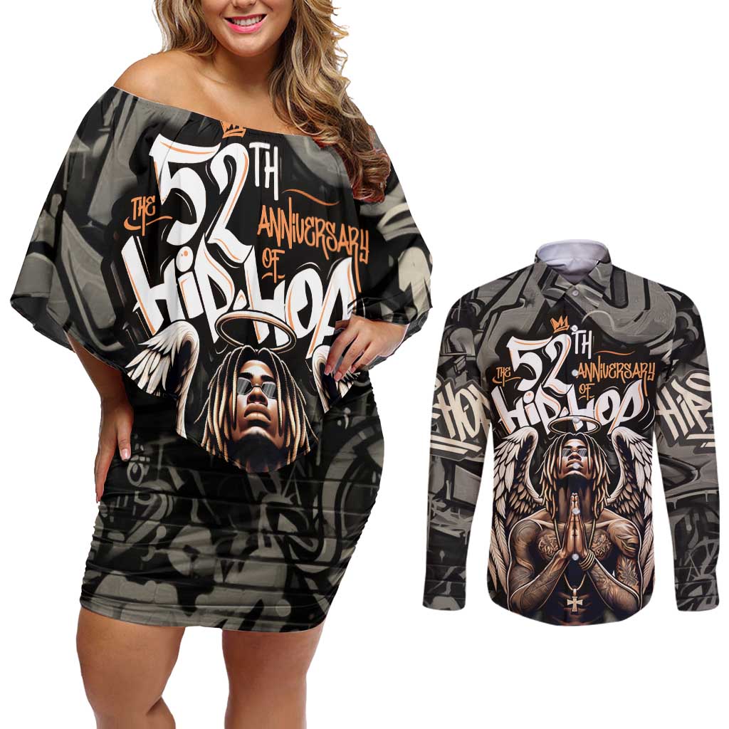 52th Anniversary Of Hiphop Celebration Couples Matching Off Shoulder Short Dress and Long Sleeve Button Shirt with Praying Angel Graphic and Urban Graffiti Background - Wonder Print Shop
