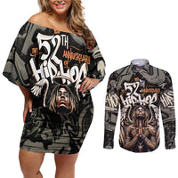52th Anniversary Of Hiphop Celebration Couples Matching Off Shoulder Short Dress and Long Sleeve Button Shirt with Praying Angel Graphic and Urban Graffiti Background - Wonder Print Shop