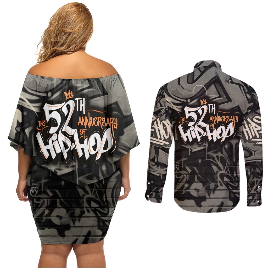 52th Anniversary Of Hiphop Celebration Couples Matching Off Shoulder Short Dress and Long Sleeve Button Shirt with Praying Angel Graphic and Urban Graffiti Background - Wonder Print Shop