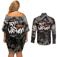 52th Anniversary Of Hiphop Celebration Couples Matching Off Shoulder Short Dress and Long Sleeve Button Shirt with Praying Angel Graphic and Urban Graffiti Background - Wonder Print Shop