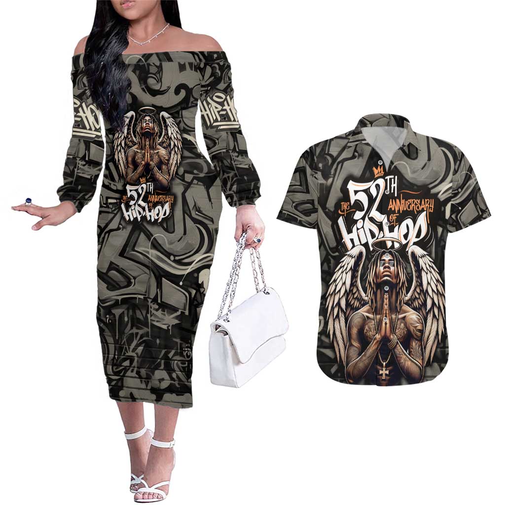 52th Anniversary Of Hiphop Celebration Couples Matching Off The Shoulder Long Sleeve Dress and Hawaiian Shirt with Praying Angel Graphic and Urban Graffiti Background - Wonder Print Shop