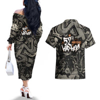 52th Anniversary Of Hiphop Celebration Couples Matching Off The Shoulder Long Sleeve Dress and Hawaiian Shirt with Praying Angel Graphic and Urban Graffiti Background - Wonder Print Shop