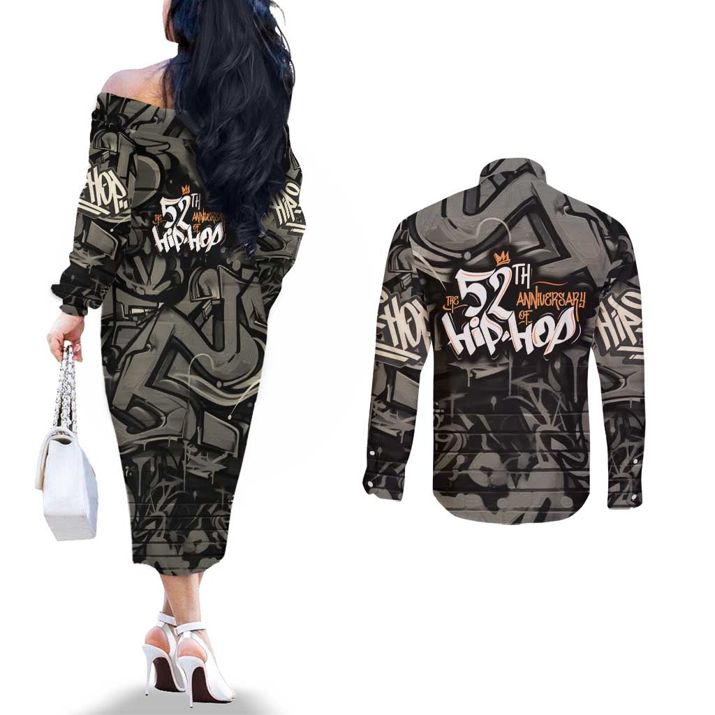 52th Anniversary Of Hiphop Celebration Couples Matching Off The Shoulder Long Sleeve Dress and Long Sleeve Button Shirt with Praying Angel Graphic and Urban Graffiti Background - Wonder Print Shop