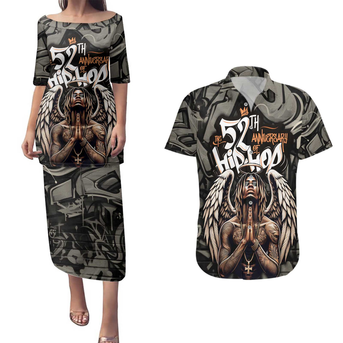 52th Anniversary Of Hiphop Celebration Couples Matching Puletasi and Hawaiian Shirt with Praying Angel Graphic and Urban Graffiti Background - Wonder Print Shop