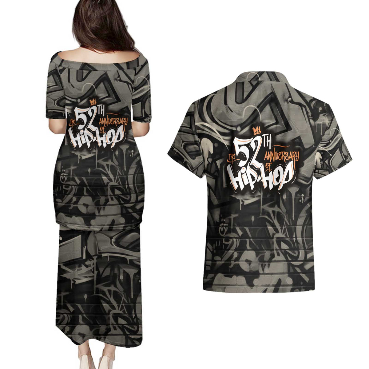 52th Anniversary Of Hiphop Celebration Couples Matching Puletasi and Hawaiian Shirt with Praying Angel Graphic and Urban Graffiti Background - Wonder Print Shop