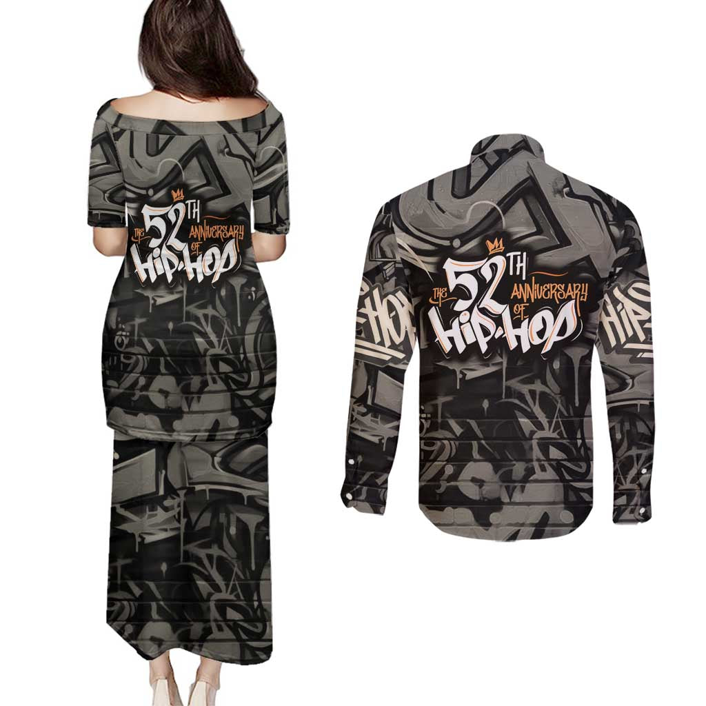 52th Anniversary Of Hiphop Celebration Couples Matching Puletasi and Long Sleeve Button Shirt with Praying Angel Graphic and Urban Graffiti Background - Wonder Print Shop