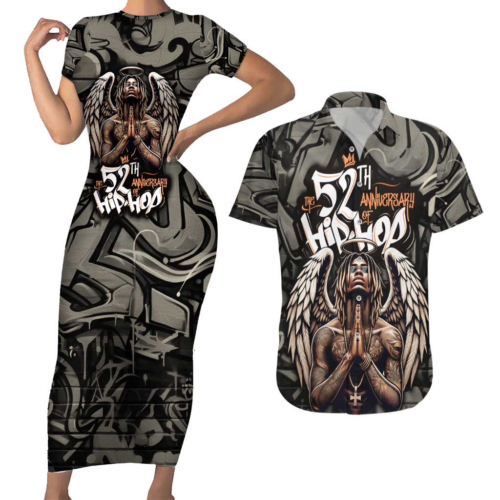 52th Anniversary Of Hiphop Celebration Couples Matching Short Sleeve Bodycon Dress and Hawaiian Shirt with Praying Angel Graphic and Urban Graffiti Background - Wonder Print Shop