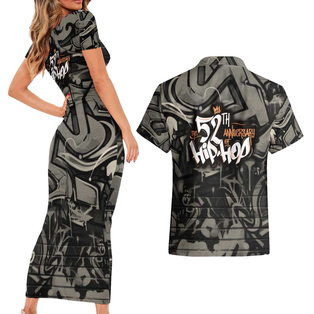 52th Anniversary Of Hiphop Celebration Couples Matching Short Sleeve Bodycon Dress and Hawaiian Shirt with Praying Angel Graphic and Urban Graffiti Background - Wonder Print Shop
