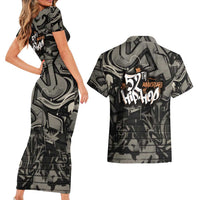 52th Anniversary Of Hiphop Celebration Couples Matching Short Sleeve Bodycon Dress and Hawaiian Shirt with Praying Angel Graphic and Urban Graffiti Background - Wonder Print Shop