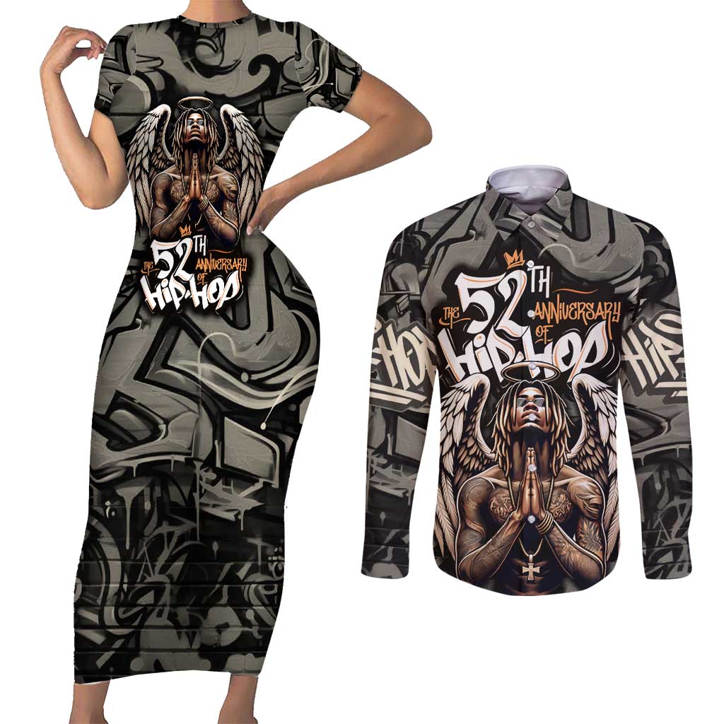 52th Anniversary Of Hiphop Celebration Couples Matching Short Sleeve Bodycon Dress and Long Sleeve Button Shirt with Praying Angel Graphic and Urban Graffiti Background - Wonder Print Shop
