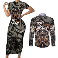 52th Anniversary Of Hiphop Celebration Couples Matching Short Sleeve Bodycon Dress and Long Sleeve Button Shirt with Praying Angel Graphic and Urban Graffiti Background - Wonder Print Shop