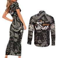 52th Anniversary Of Hiphop Celebration Couples Matching Short Sleeve Bodycon Dress and Long Sleeve Button Shirt with Praying Angel Graphic and Urban Graffiti Background - Wonder Print Shop