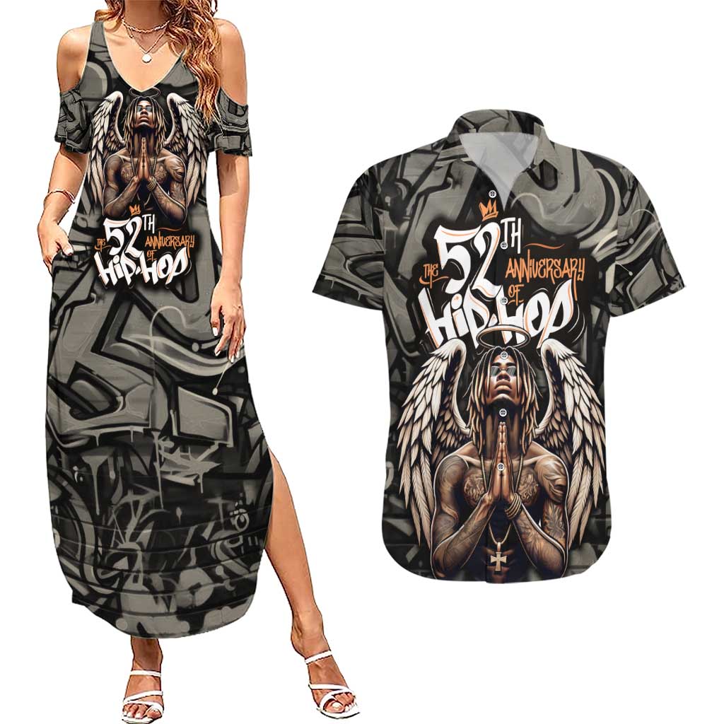 52th Anniversary Of Hiphop Celebration Couples Matching Summer Maxi Dress and Hawaiian Shirt with Praying Angel Graphic and Urban Graffiti Background - Wonder Print Shop