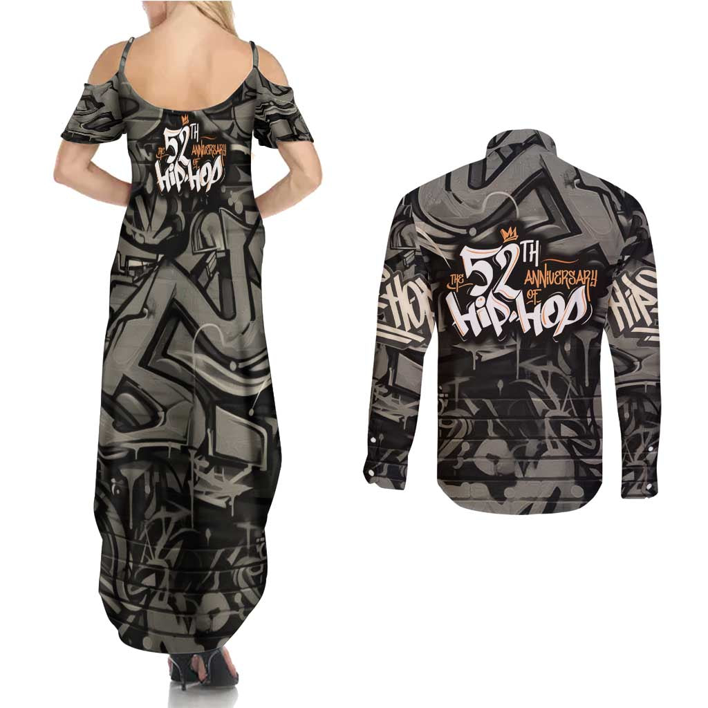 52th Anniversary Of Hiphop Celebration Couples Matching Summer Maxi Dress and Long Sleeve Button Shirt with Praying Angel Graphic and Urban Graffiti Background - Wonder Print Shop