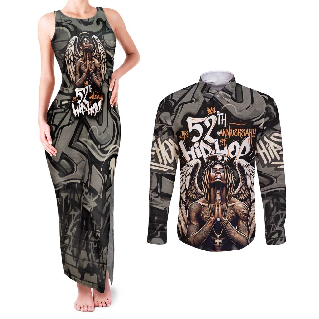 52th Anniversary Of Hiphop Celebration Couples Matching Tank Maxi Dress and Long Sleeve Button Shirt with Praying Angel Graphic and Urban Graffiti Background - Wonder Print Shop