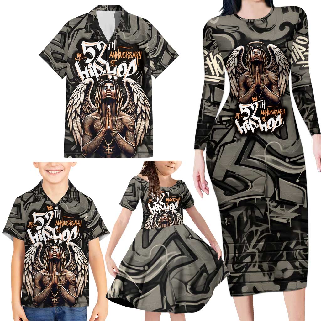 52th Anniversary Of Hiphop Celebration Family Matching Long Sleeve Bodycon Dress and Hawaiian Shirt with Praying Angel Graphic and Urban Graffiti Background - Wonder Print Shop