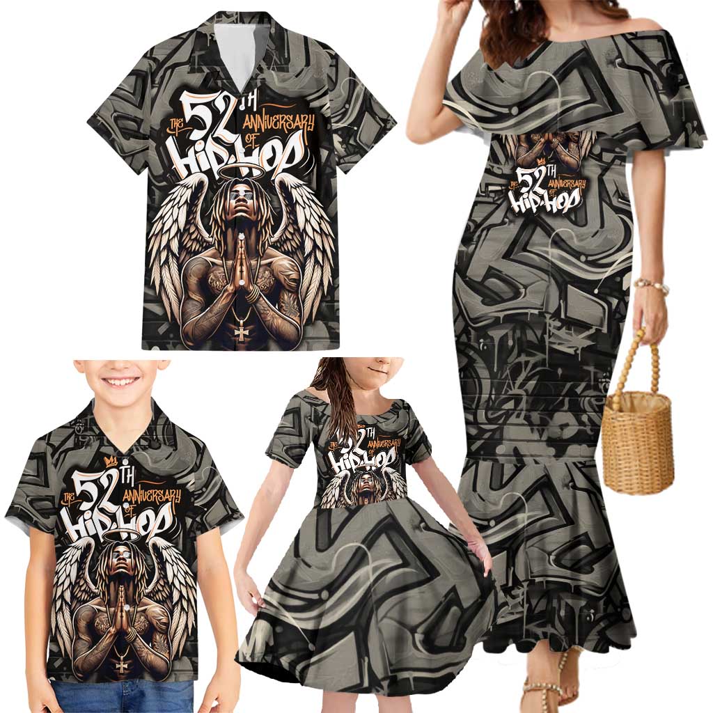52th Anniversary Of Hiphop Celebration Family Matching Mermaid Dress and Hawaiian Shirt with Praying Angel Graphic and Urban Graffiti Background - Wonder Print Shop